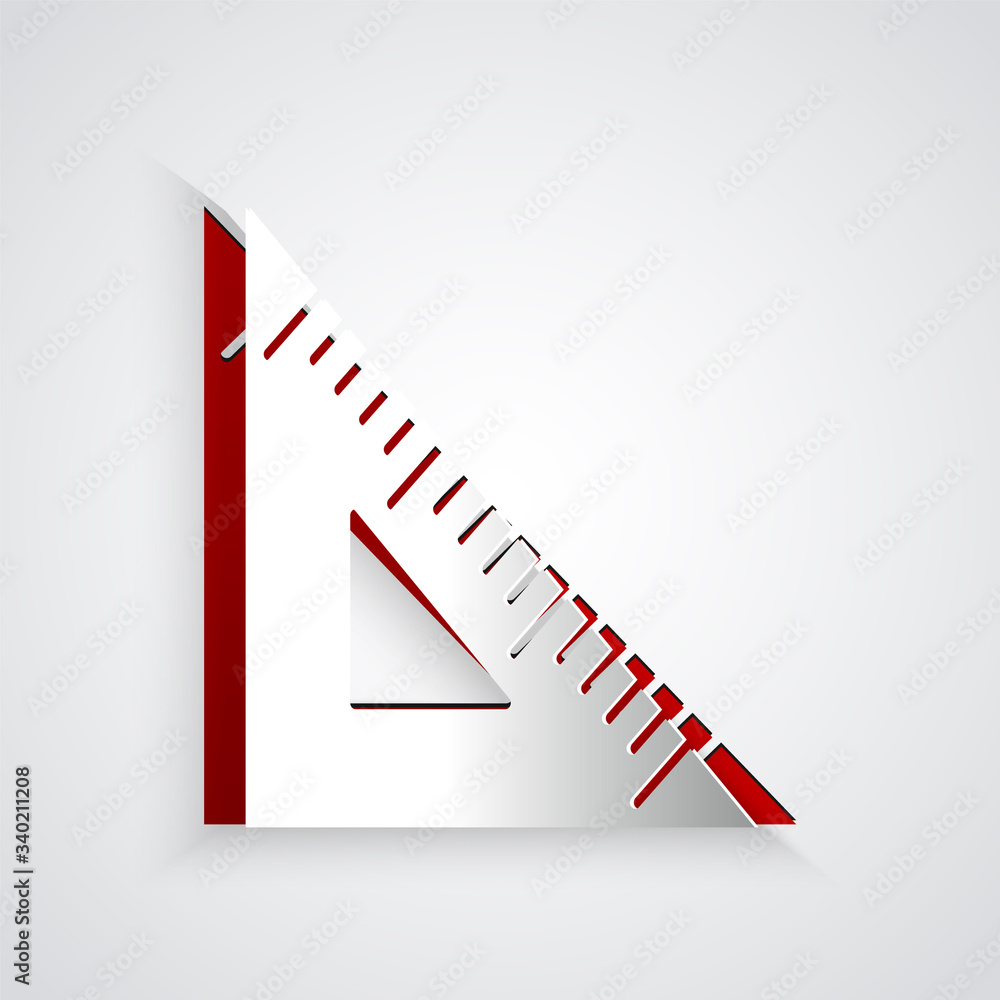 Paper cut Triangular ruler icon isolated on grey background. Straightedge symbol. Geometric symbol. 