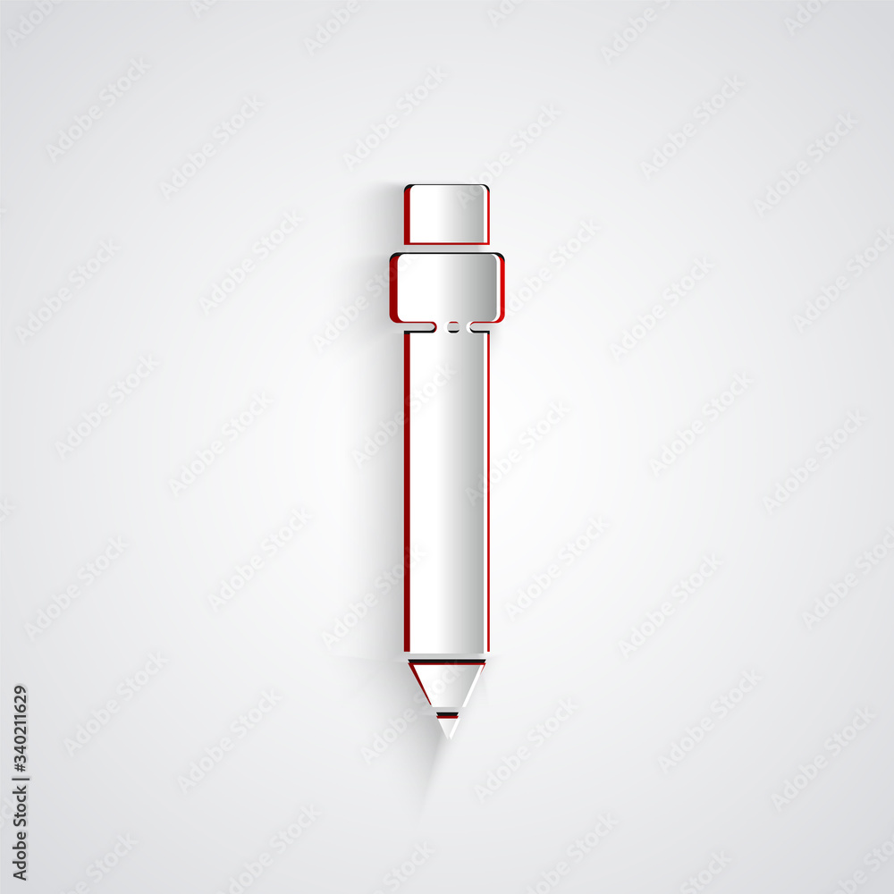 Paper cut Pencil with eraser icon isolated on grey background. Drawing and educational tools. School