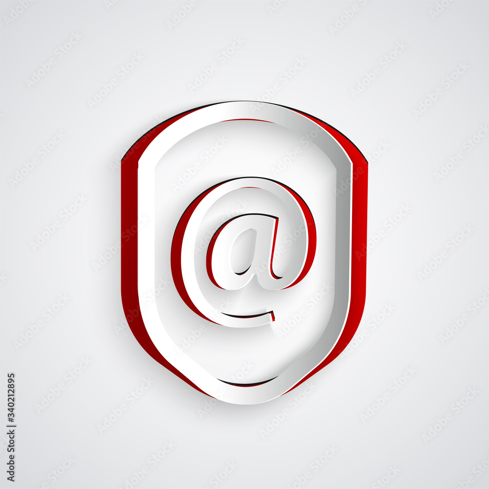 Paper cut Shield with mail and e-mail icon isolated on grey background. Guard sign. Security, safety