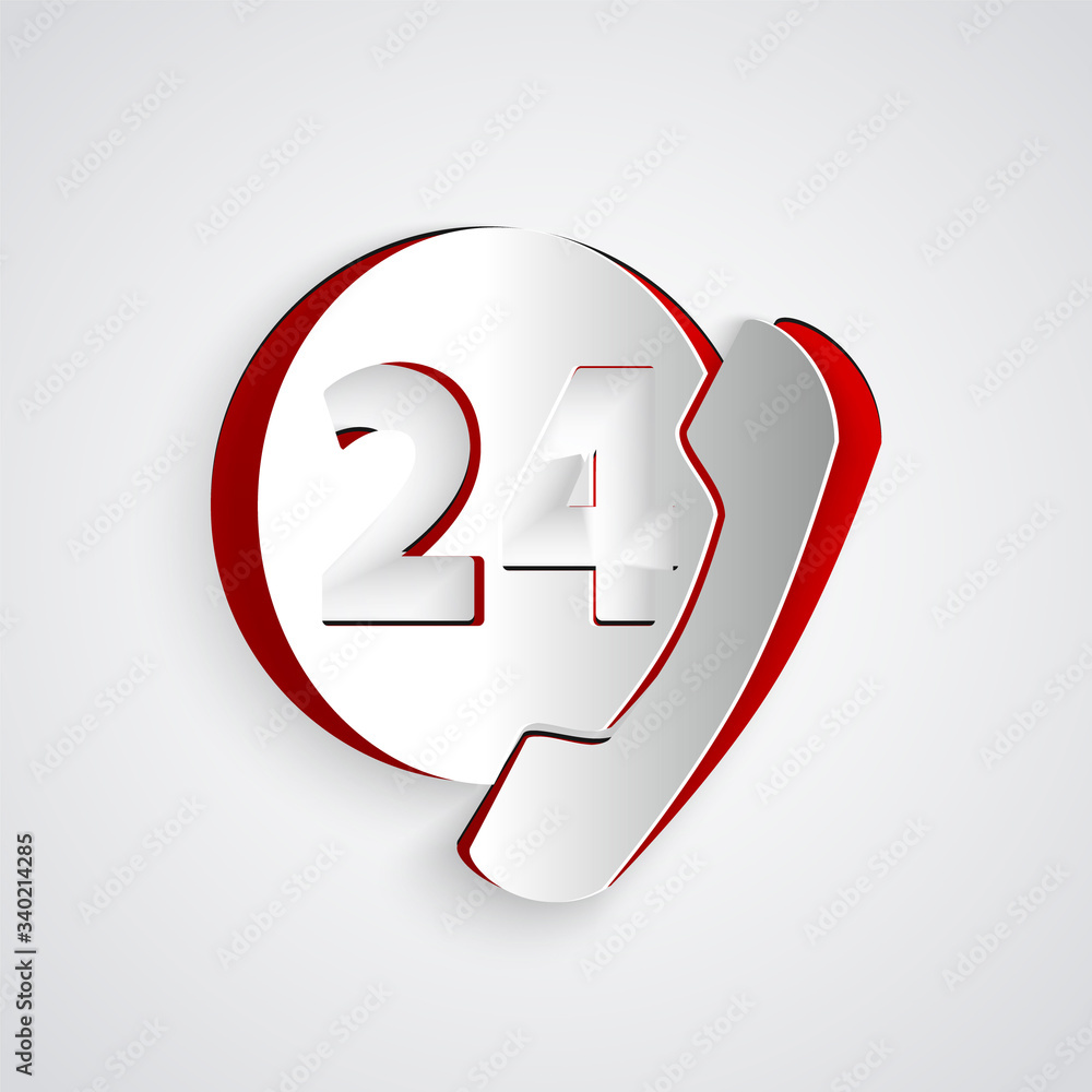 Paper cut Telephone 24 hours support icon isolated on grey background. All-day customer support call