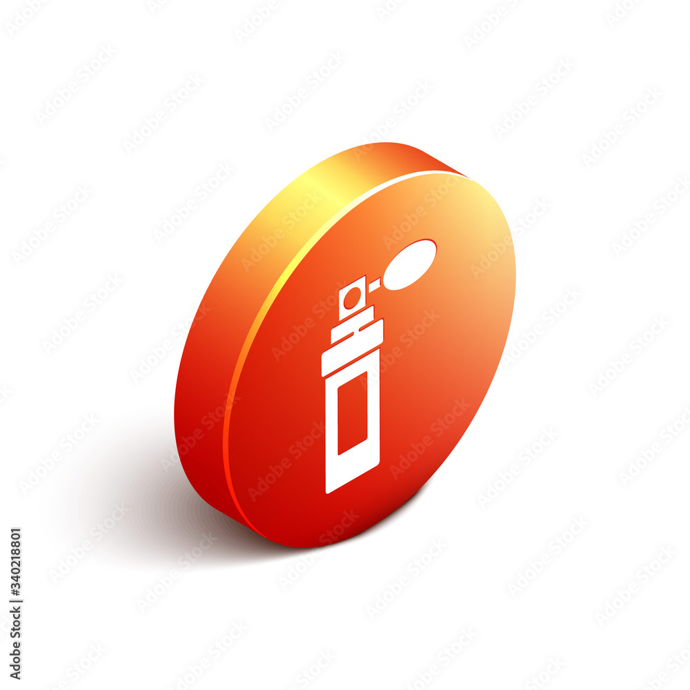 Isometric Perfume icon isolated on white background. Orange circle button. Vector Illustration