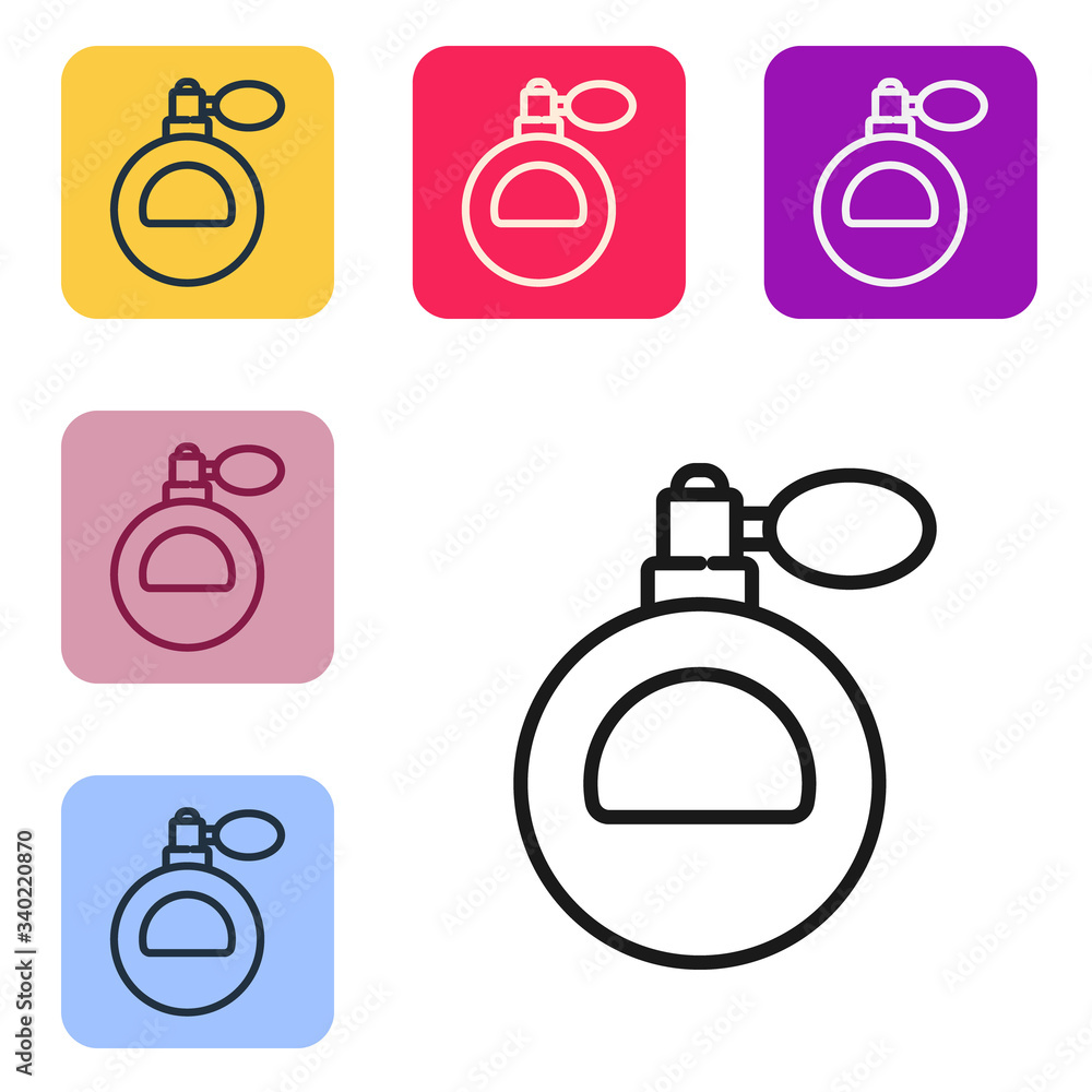 Black line Perfume icon isolated on white background. Set icons in color square buttons. Vector Illu