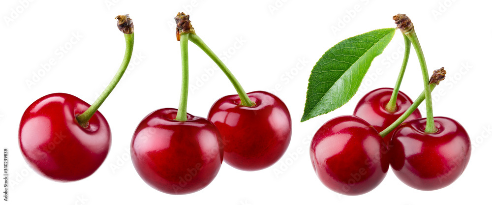 Cherry isolated. Sour cherry. Cherries with leaves on white background. Sour cherries on white. Cher