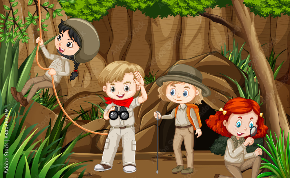 Scene with group of scouts exploring the cave