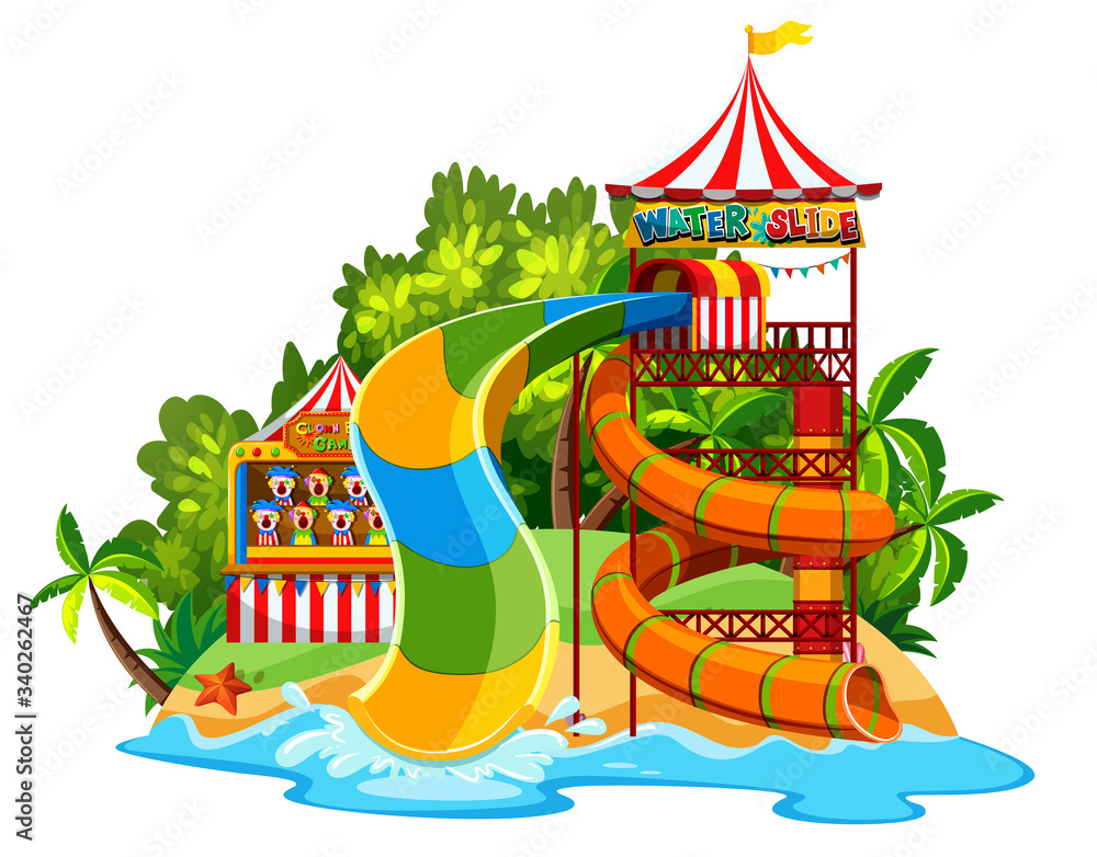 Scene with waterslide in the waterpark on white background