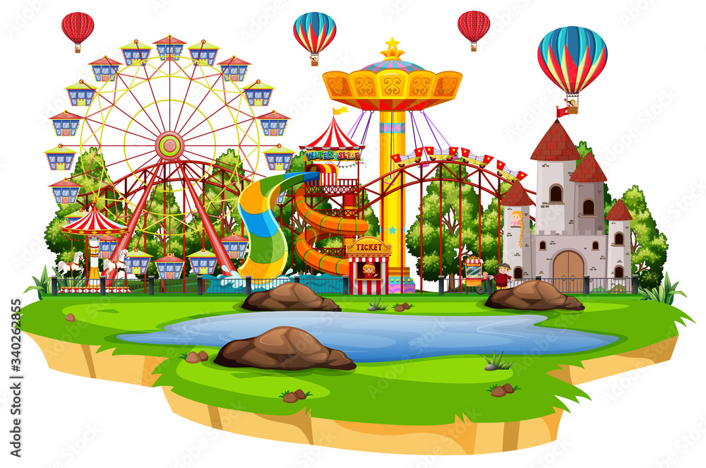 Scene with many rides in the funpark on white background