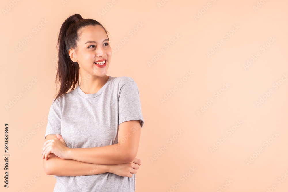 Portrait happy Asian woman, cute girl smile over blank background with copy space