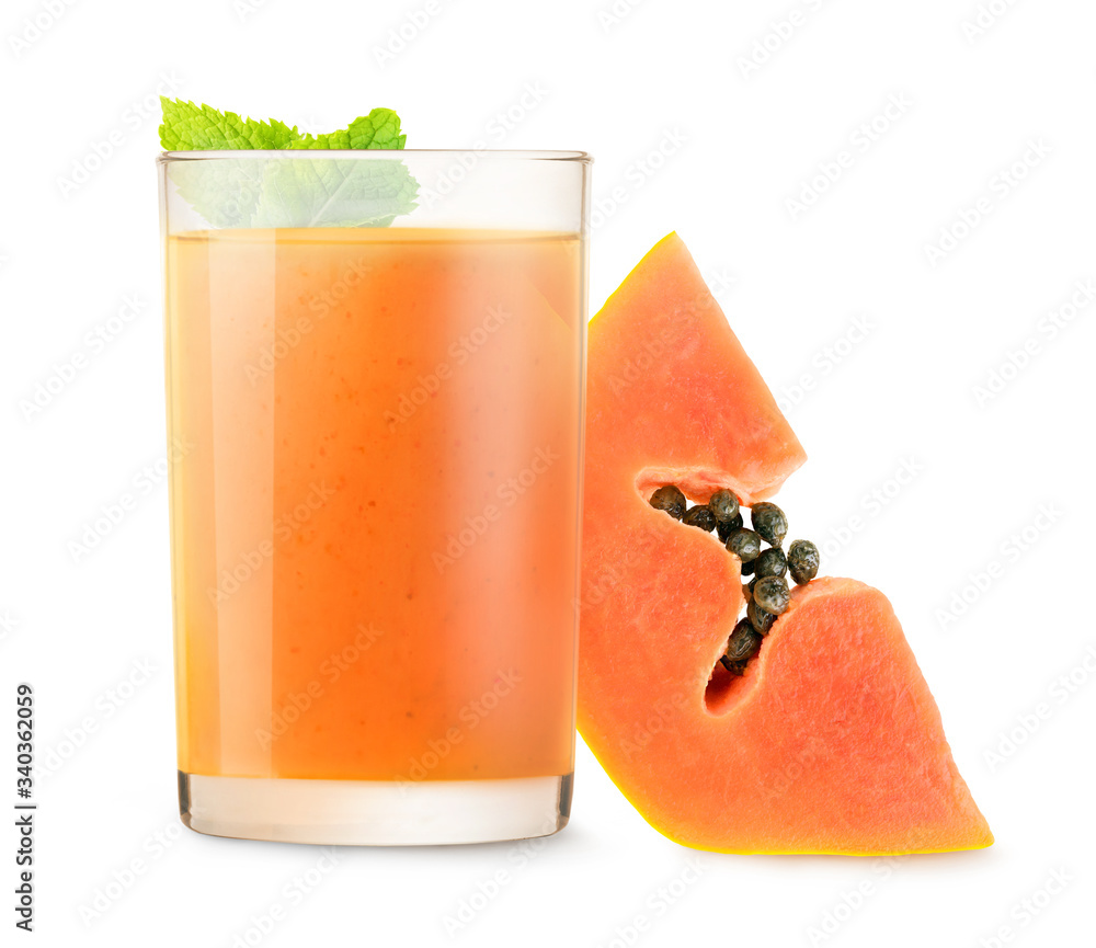 Isolated fruit smoothie. Glass of papaya drink isolated on white background