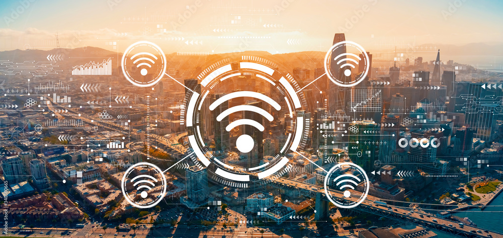 Wifi theme with downtown San Francisco skyline buildings