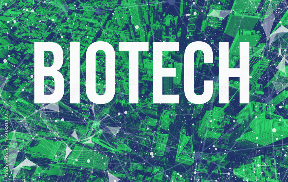 Biotechnology theme with abstract network patterns and Manhattan NY skyscrapers