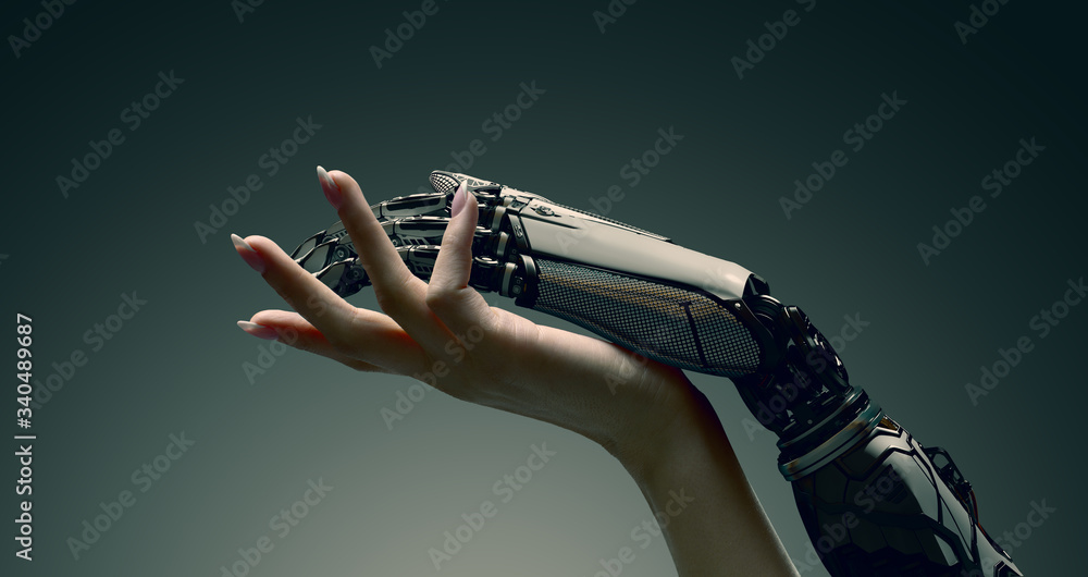 Woman arm gently touching robot hand, artificial intelligence augmented reality collaboration friend