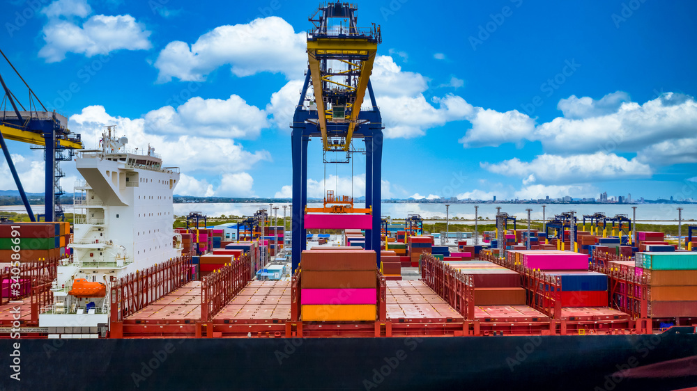 Quay crane, Crane of container terminal in industrial sea port, Sea cargo port with container ship a