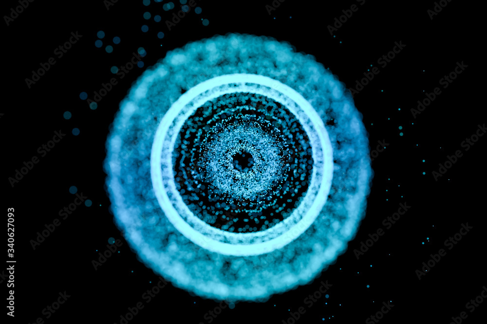 black hole with blue shiny particles, 3d rendering.