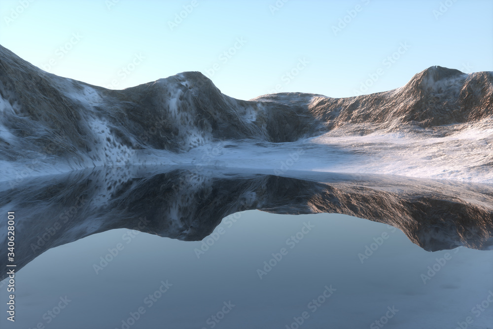 雪山和湖泊，自然背景，三维渲染。