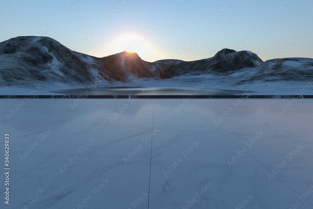 雪山和湖泊，自然背景，3d渲染。