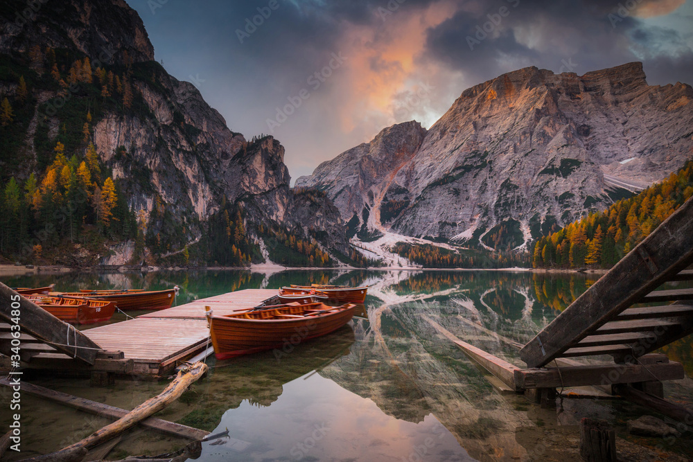 Lago di Braies lake and Seekofel peak at sunrise, Dolomites. Italy