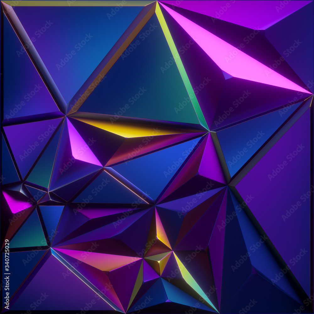 3d render, abstract faceted background, iridescent blue violet pink metallic texture, triangles, geo