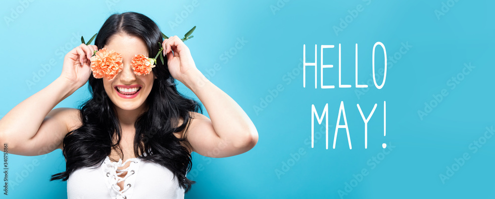 Hello May message with young woman holding carnation flowers