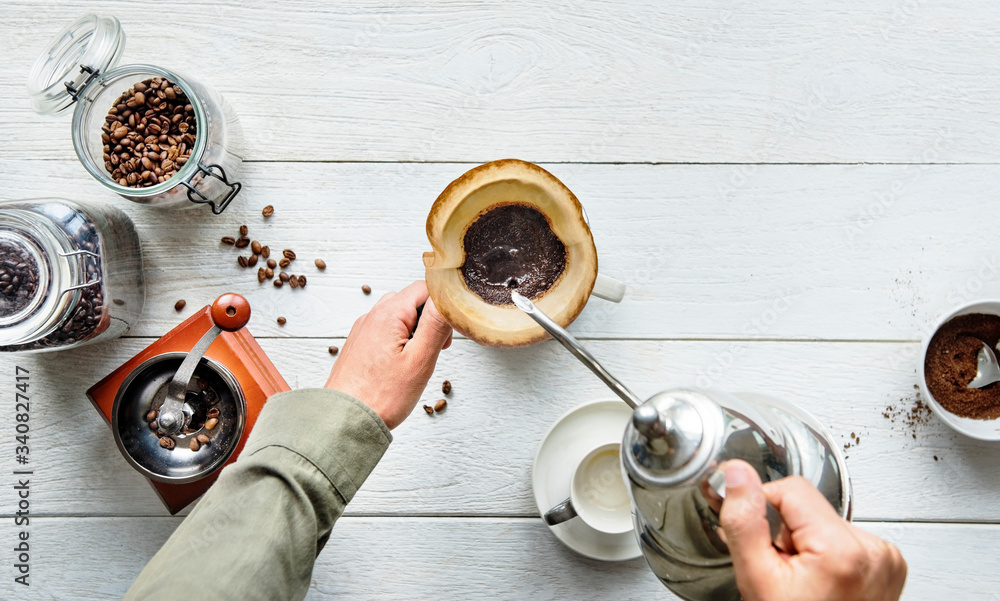 Aerial view of people making drip coffee