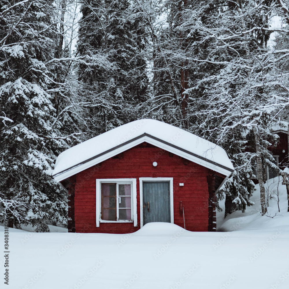 雪地森林中的红色小屋