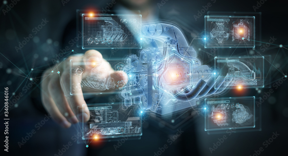 Businessman holding and touching wireframe holographic digital projection of an engine 3D rendering