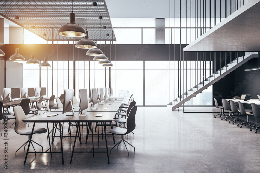 Minimalistic coworking office interior with stairs