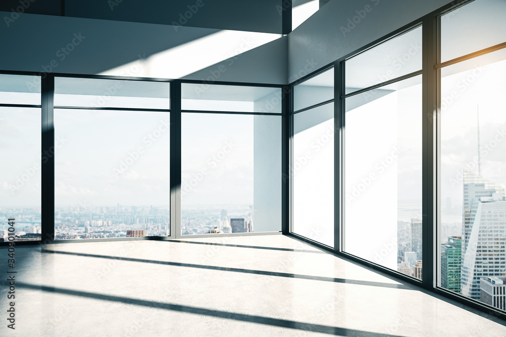 Light empty office interior with panoramic city view