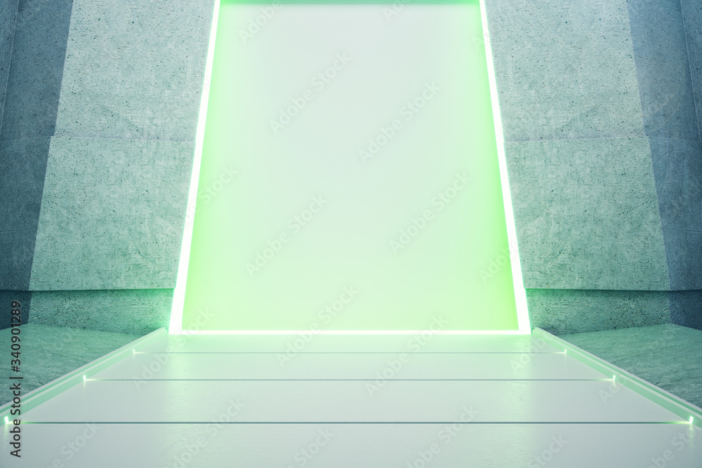 Minimalistic green illuminated loft interior with empty wall.