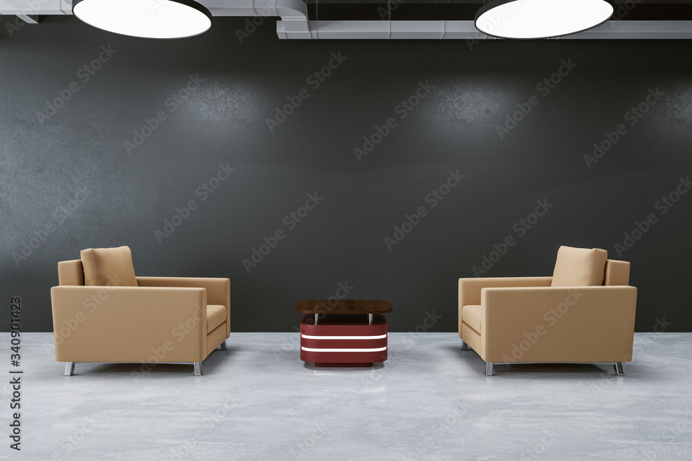 Modern waiting room with two chairs and blank gray wall.