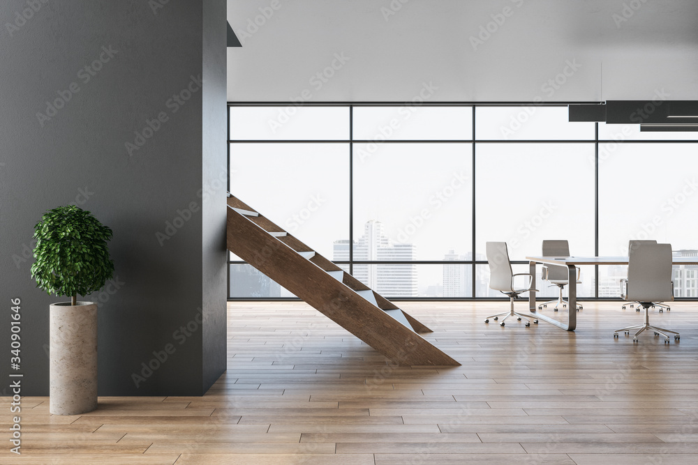 Conference room interior in loft style with city view and wooden stairs.