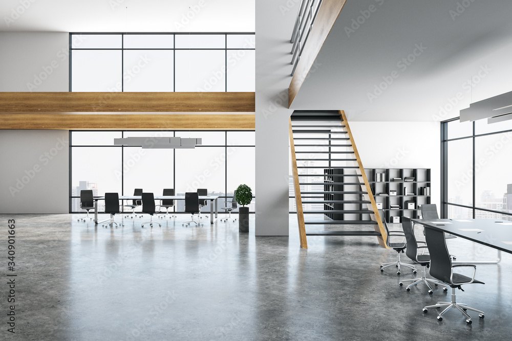 Contemporary meeting room interior with panoramic city view