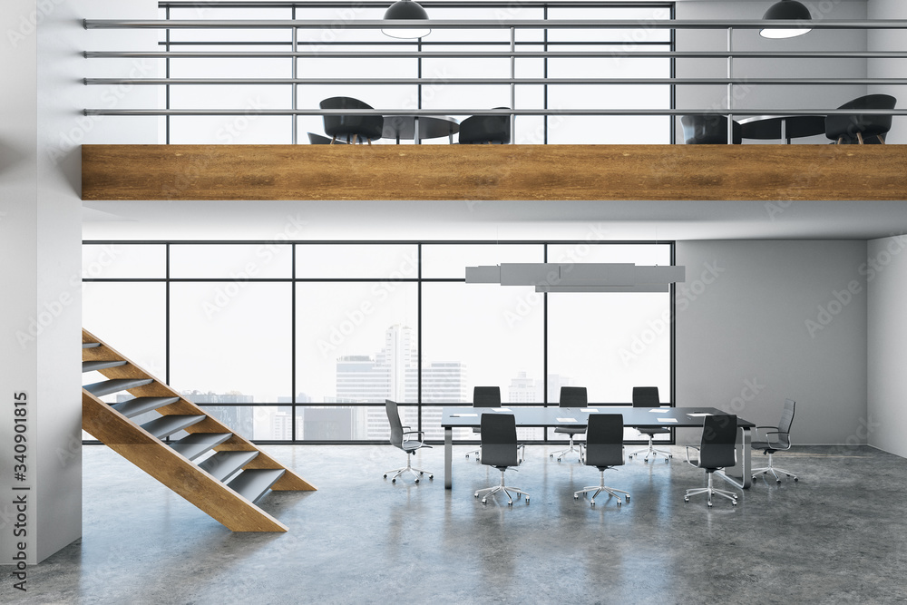 Loft meeting room interior with panoramic city view