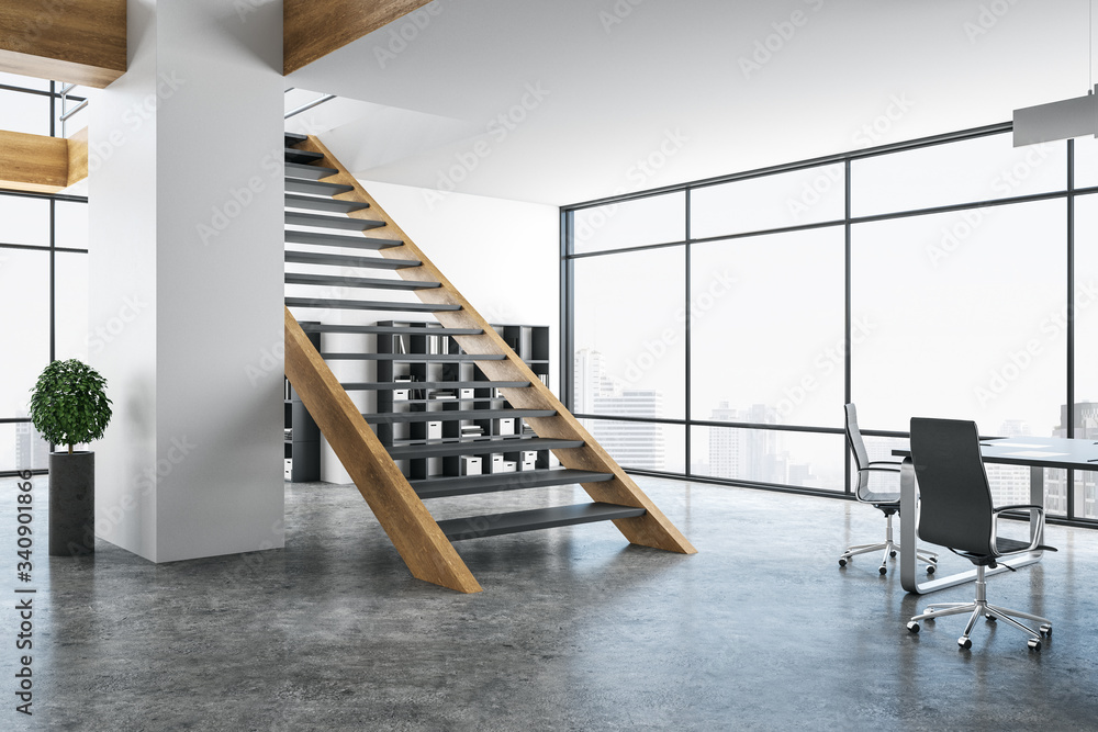 Minimalistic meeting room interior with wooden stairs.