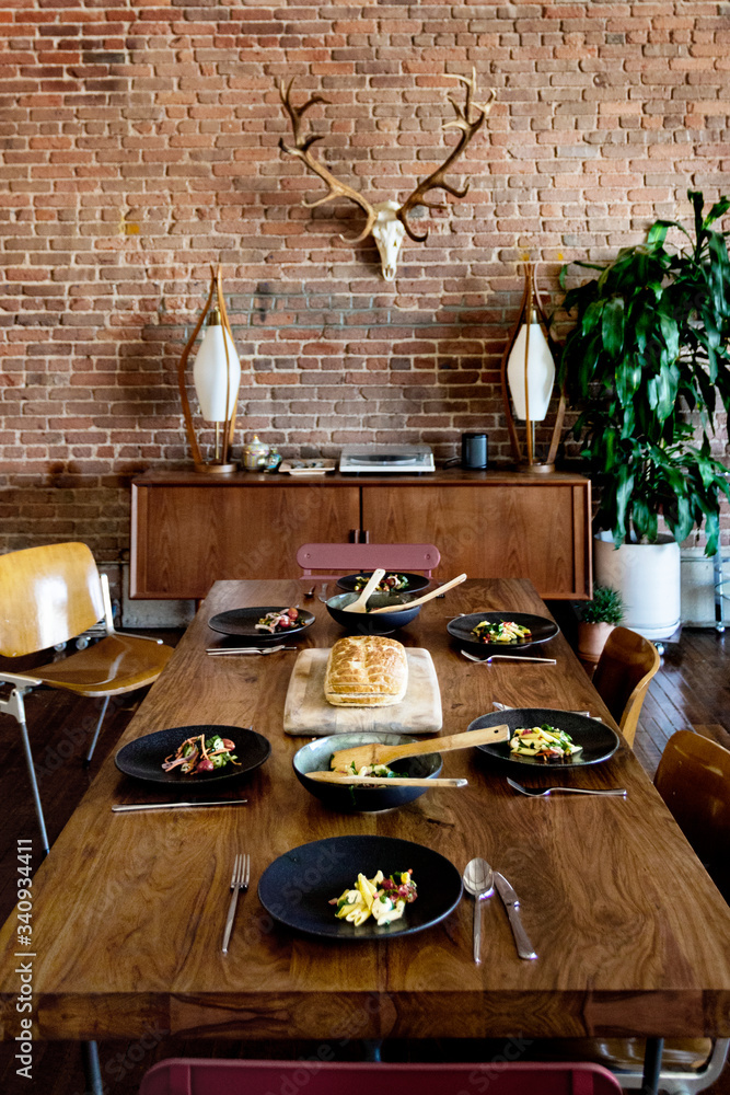 Rustic homey dining table with food