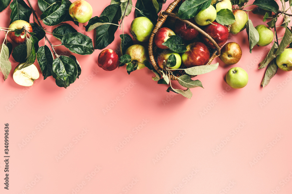 Flat-lay of fresh apples with leaves and branches on pink background