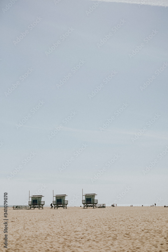 Lifeguard huts on a Los Angeles beach