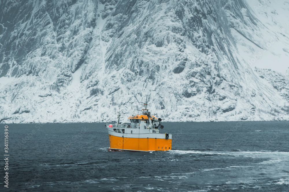 Fishing boat at Norwegian Sea at Lofoten island, Norway