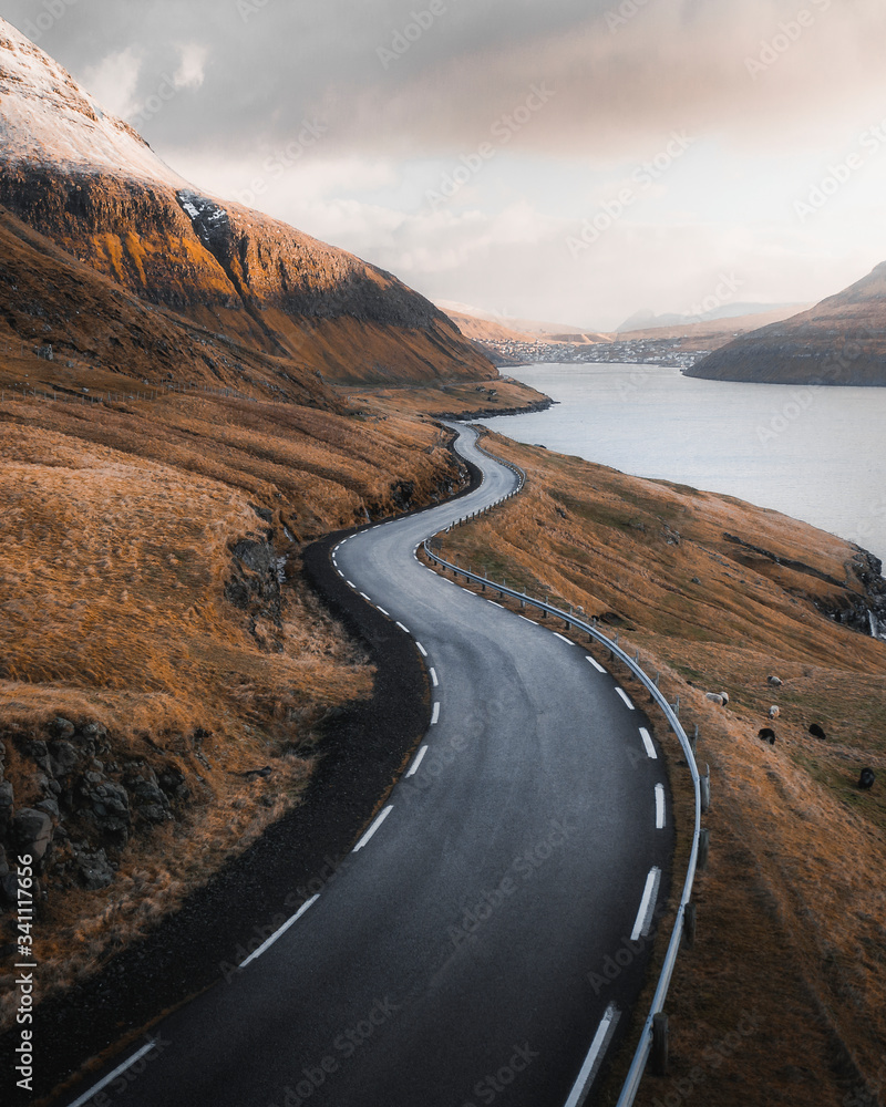 Scenic freeway by the lake on Faroe Islands