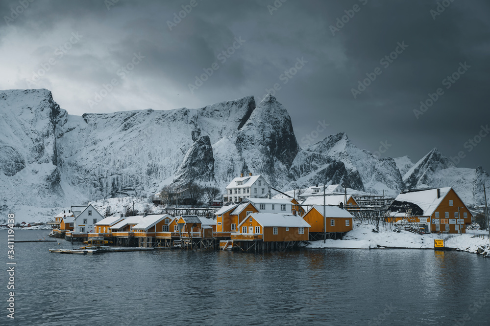 Snowy village on Sakrisøy island, Norway