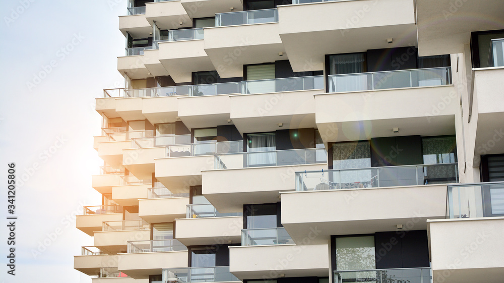 Modern and new apartment building. Multistoried, modern, new and stylish living block of flats.