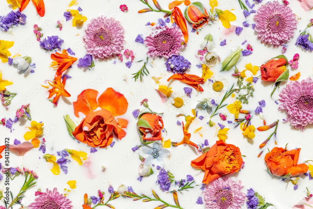 Colorful spring flowers in a milk bath patterned background