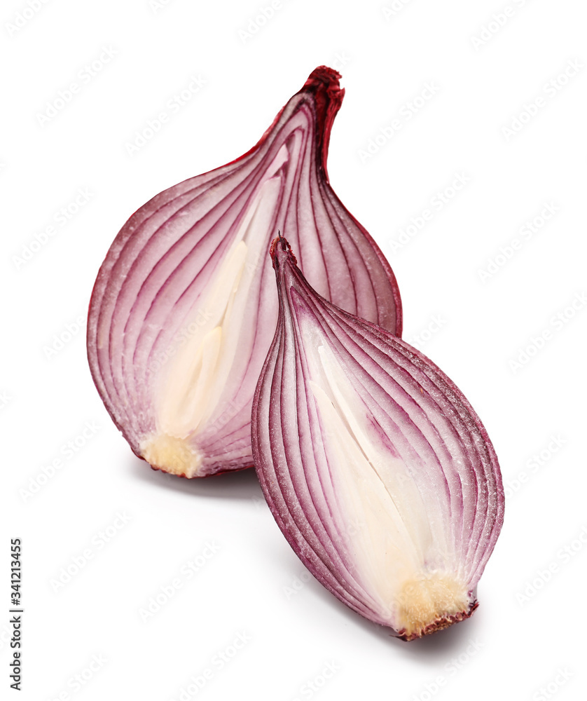 Pieces of fresh raw onion on white background