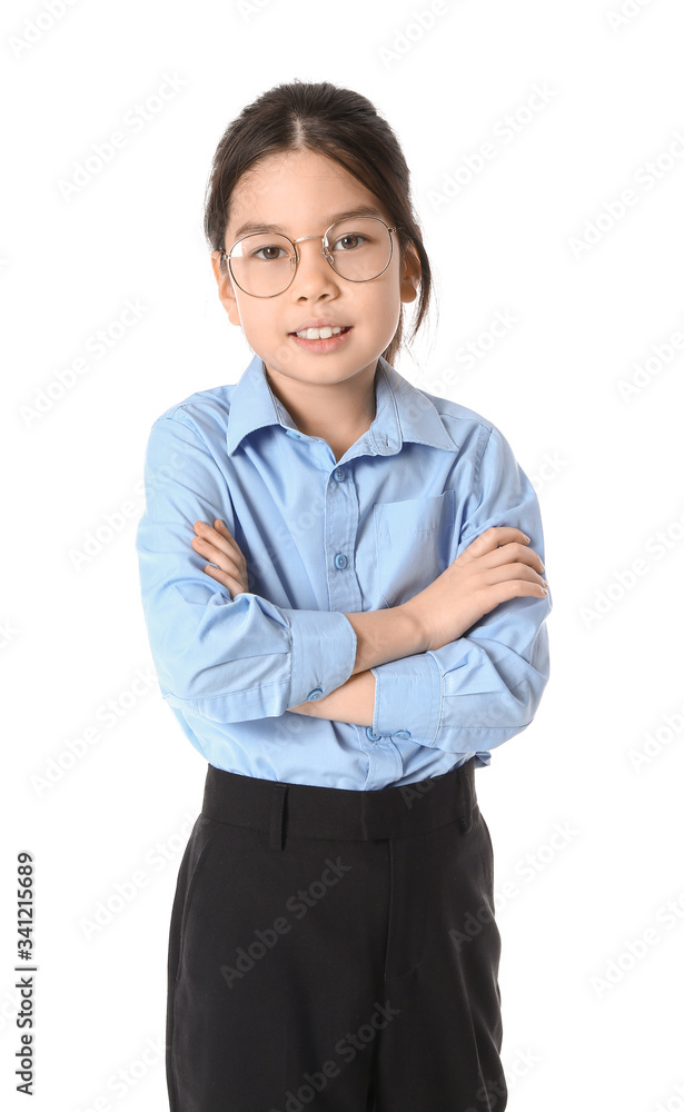 Cute little businesswoman on white background