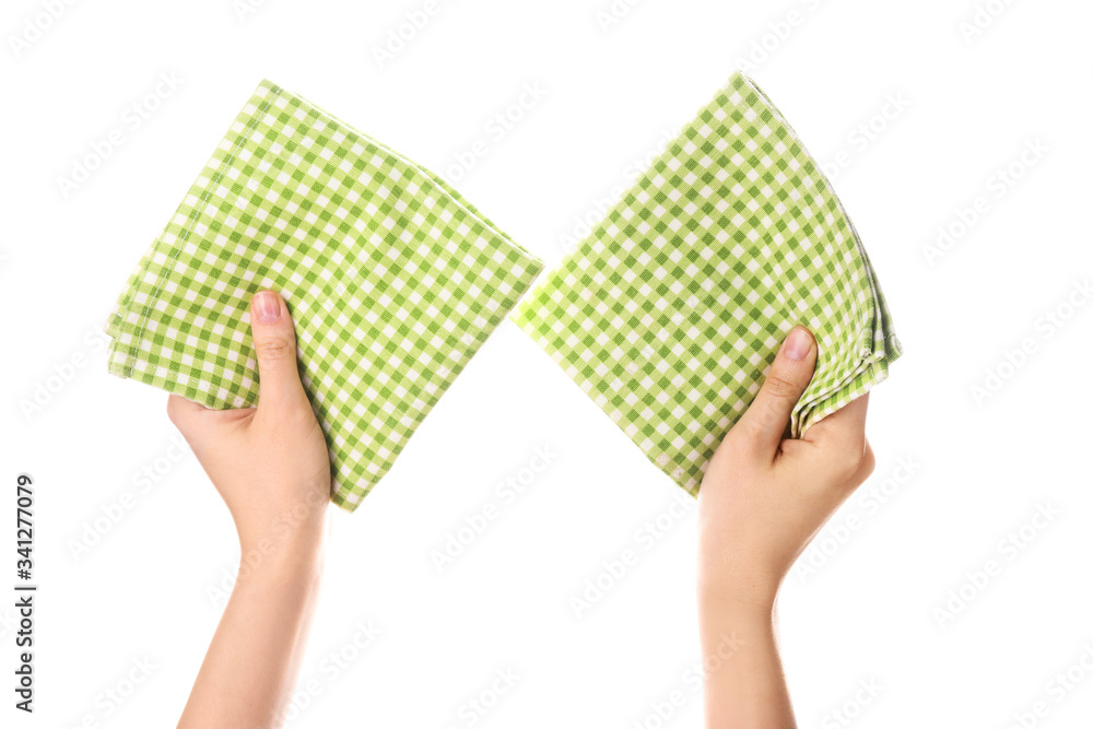 Female hands with napkins on white background