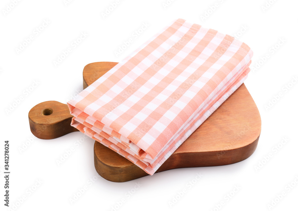 Clean napkins with cutting board on white background