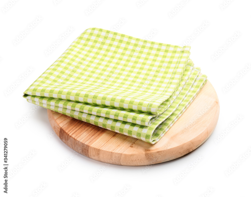 Clean napkins with cutting board on white background