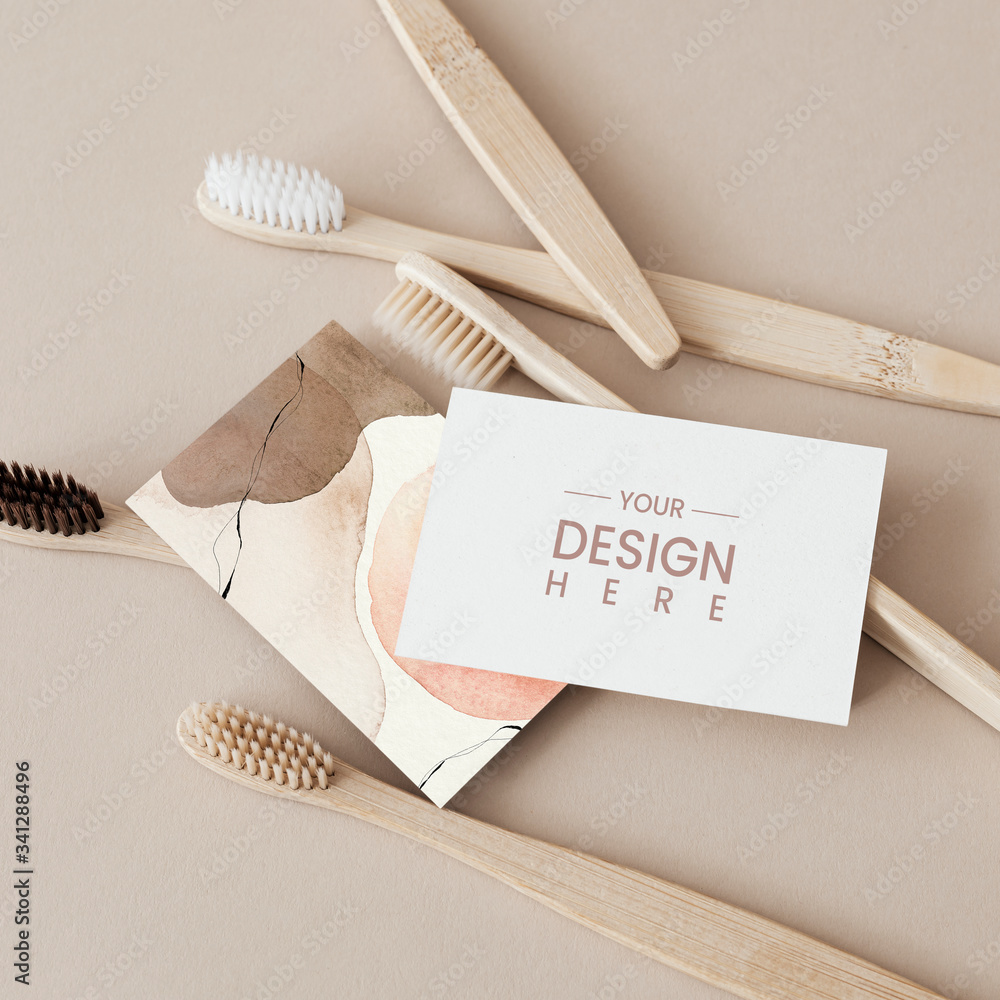 Bamboo toothbrushes and design card mockup