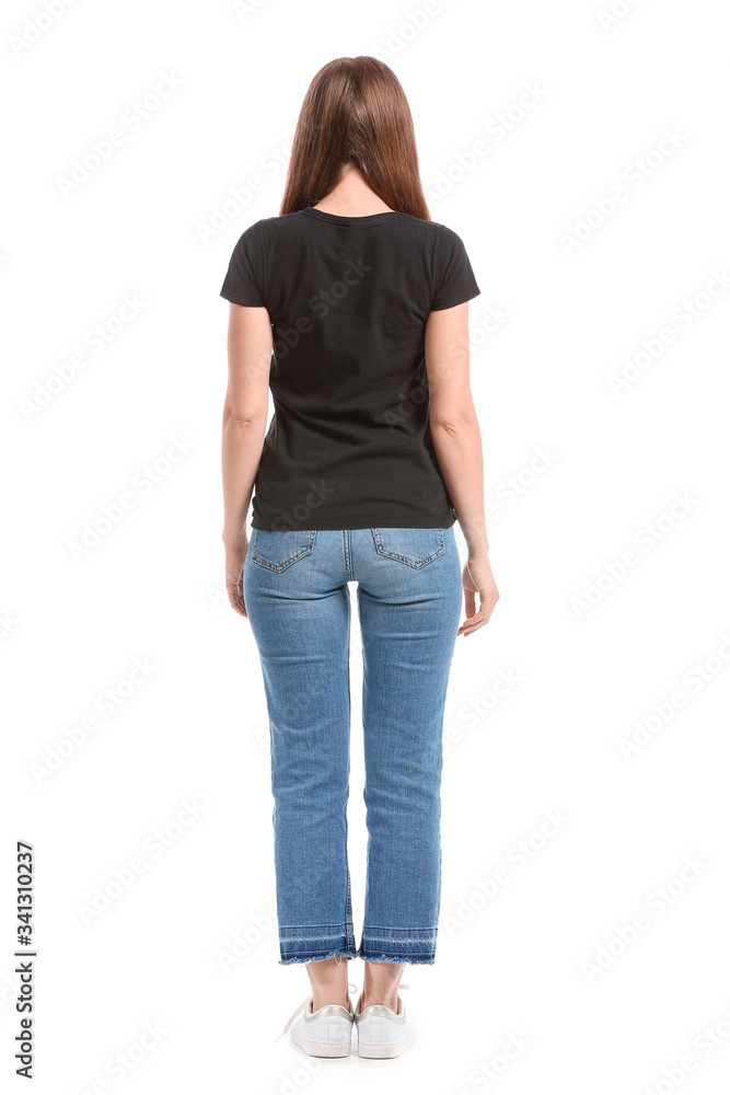 Young woman in stylish t-shirt on white background