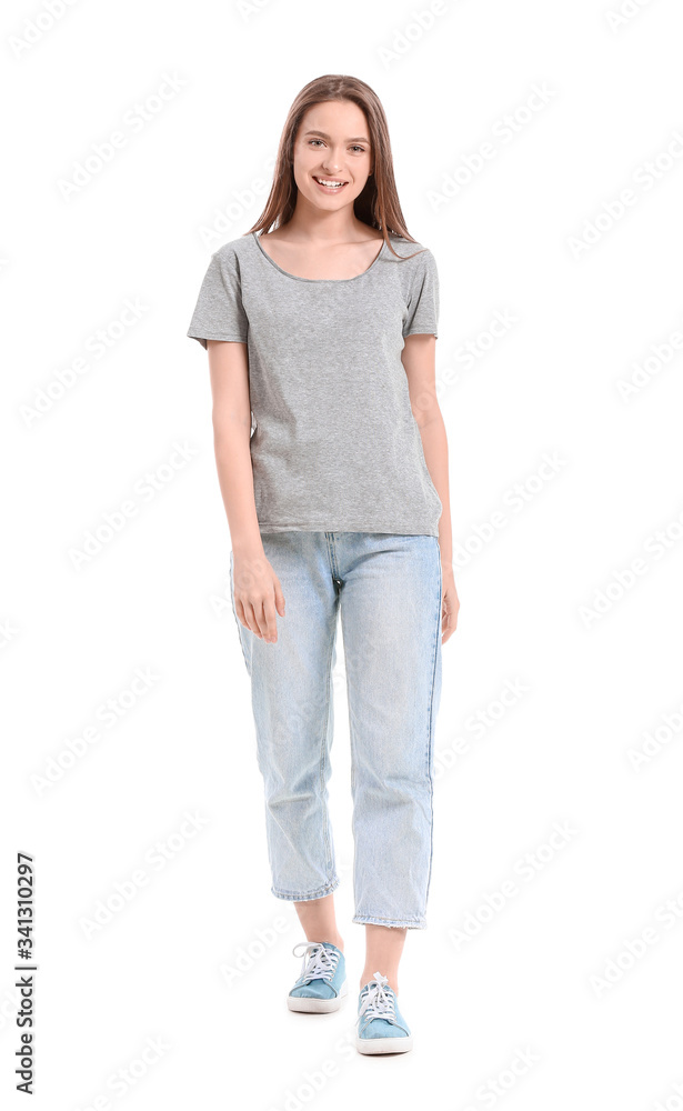 Young woman in stylish t-shirt on white background