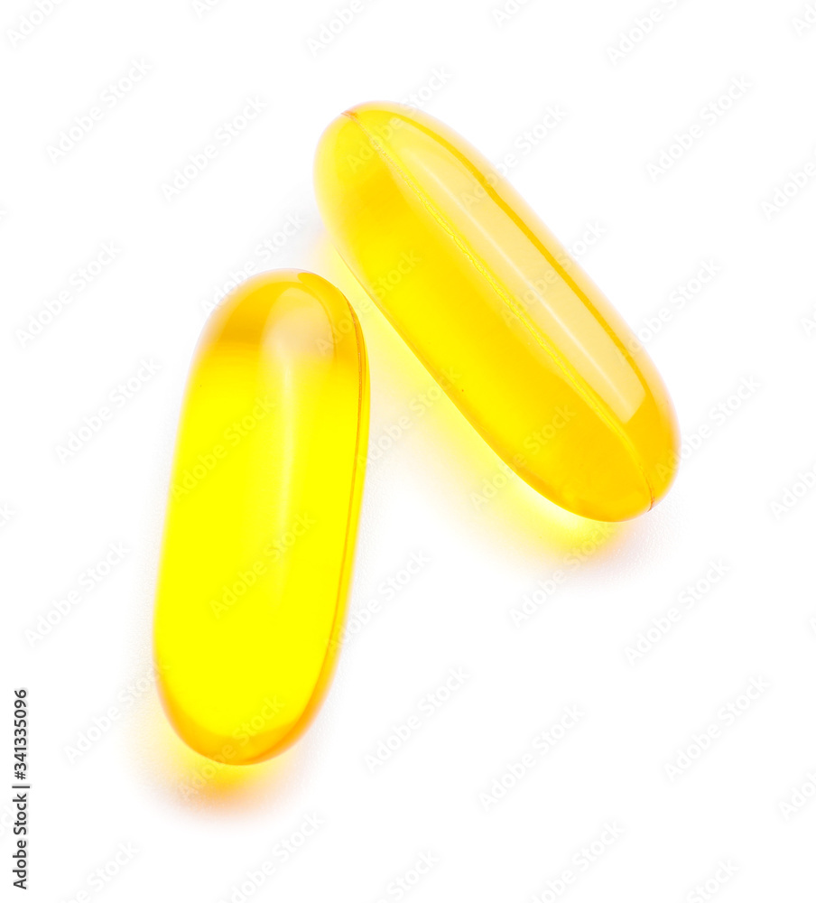 Fish oil capsules on white background